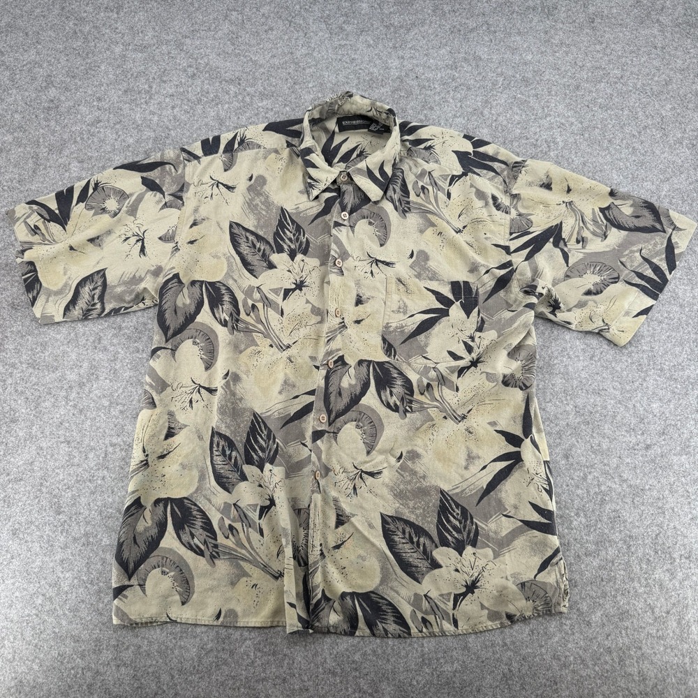Expressions Mens XL Silk Button Down Shirt Short Sleeve Floral Tropical Tan Grey